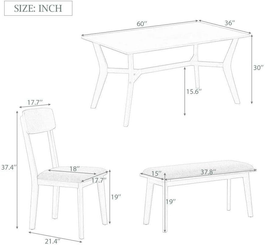 Mid-Century Modern 6-Piece Dining Set with Table, Chairs & Bench
