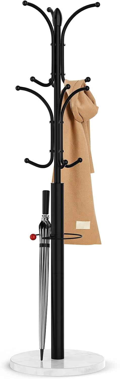 Coat Rack Freestanding,12 Hooks Coat Racks with Natural Marble Base & Umb...