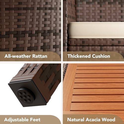 Devoko 9 PCS Acacia Wood Patio Dining Set, Brown Rattan