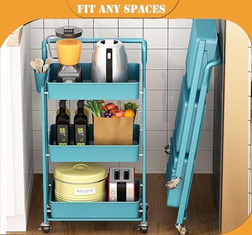 BEEY Foldable Metal Storage Cart Rolling Baskets with Wheels, No Assembly, Me...
