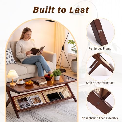 Tiita Brown Rattan Coffee Table, Bamboo Glass Top Table with Storage