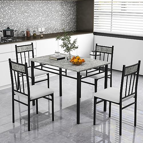 Tangkula Dining Table Set for 4, Kitchen Table and Chairs Set with Metal Fram...