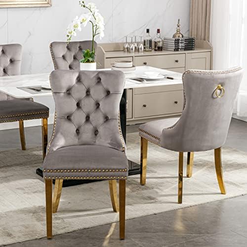Luxury Upholstered Dining Chairs Set of 4, Grey Kitchen Chair with Golden Met...