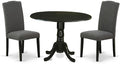 East West Furniture DLEN3-BLK-20 3 Piece Modern Dining Table Set Contains a Round Wooden Table with Dropleaf and 2 Dark Gotham Linen Fabric Upholstered Chairs, 42x42 Inch, Black