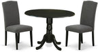 East West Furniture DLEN3-BLK-20 3 Piece Modern Dining Table Set Contains a Round Wooden Table with Dropleaf and 2 Dark Gotham Linen Fabric Upholstered Chairs, 42x42 Inch, Black