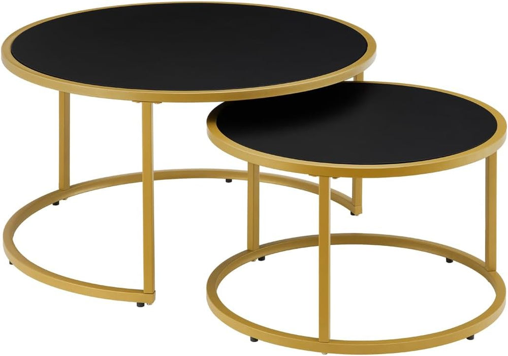 24KF Modern Faux Leather Nesting Round Coffee Table with Golden Metal Base,Ac...