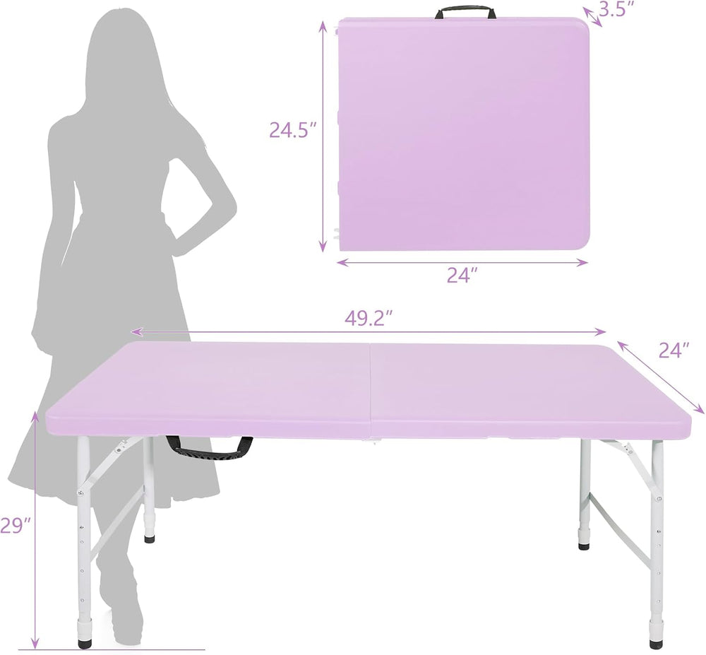 4 FT Folding Table with Carry Handle, Portable Fold-in-Half Plastic Table, Re...