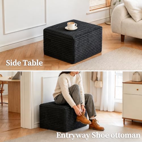 25.6" Corduroy Ottoman Foot Rest,Plush Memory Foam Couch Ottomans,Boneless Compressed Sofa in a Box for Living Room No Assembly Require,Black