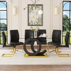 Glass Dining Table Set for 6,Modern Black Gold Dining Table Set,63" | Tempered Glass,Black OC-Shaped Legs,Gold Base,Black Cantilever Chairs,Dinner Table Set for 6, for Kitchen,Dining room