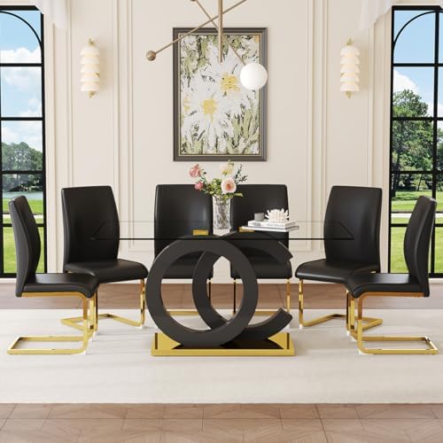 Glass Dining Table Set for 6,Modern Black Gold Dining Table Set,63" | Tempered Glass,Black OC-Shaped Legs,Gold Base,Black Cantilever Chairs,Dinner Table Set for 6, for Kitchen,Dining room