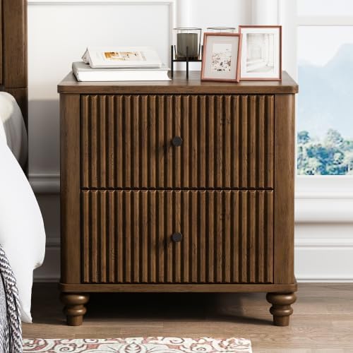 Fluted Nightstand, 21.65 Inch Wide Mid Century Modern Bedroom Side Table with...