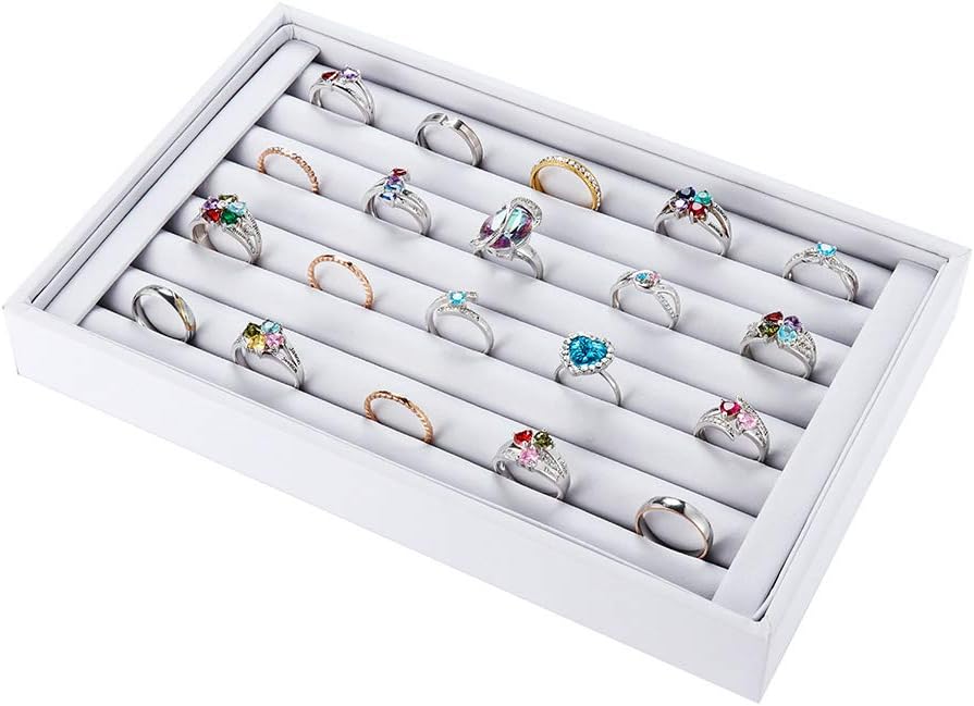 Valyria Velvet 7 Slots Ring Earrings Trays Showcase Display Jewelry Organizer (White PU Leather)