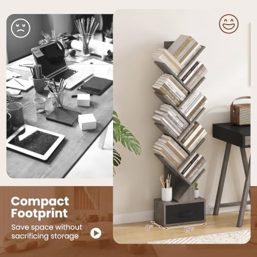 GIANTEX 9-Tier Tree Bookshelf, Tall Small Bookcase with Drawer, Gray Oak