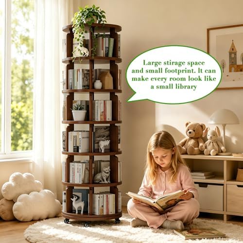 6 Tier 360° Rotating Solid Wood Bookshelf with Wheels