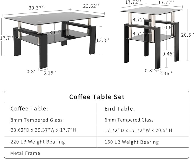 Glass Coffee Table and End Table Set of 3, 2-Tier Classic Design, Tempered Gl...