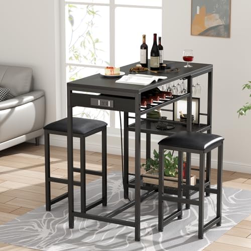 Bar Table and Chairs Set with Power Outlet, Pub Table and Chairs Set for 2