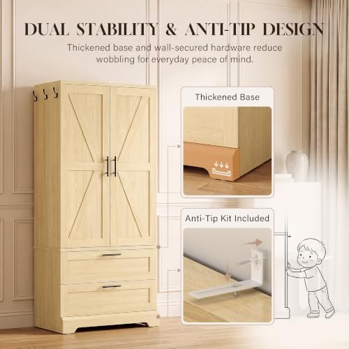 YESHOMY 70.9" Wardrobe Closet with Sensor Light, 2 Drawers (Oak)