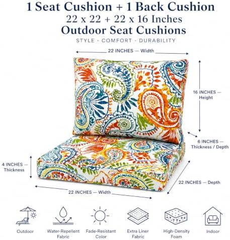 Outdoor Patio Seat/Back Chair Cushion Set 22"x22" Waterproof Fade-R...