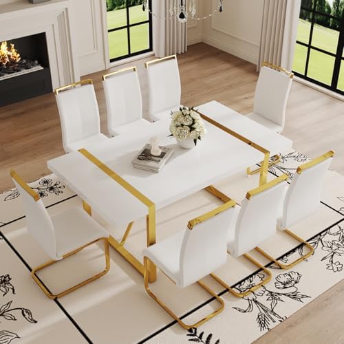 Ebullient White Dining Table Set for 8，71'' Kitchen Table and White Leather Dining Chairs Set of 8, 9 Piece Dining Room Table Set，Modern Gold Metal Frame Dinner Table Set 8 for Kitchen