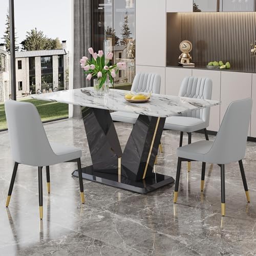 Modern Dining Table Set for 4 White Marble Dining Table with MDF Base 4 Uphol...