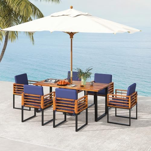 Tangkula 7 Piece Patio Dining Set, Acacia Wood Dining Chair & Table Set, ...