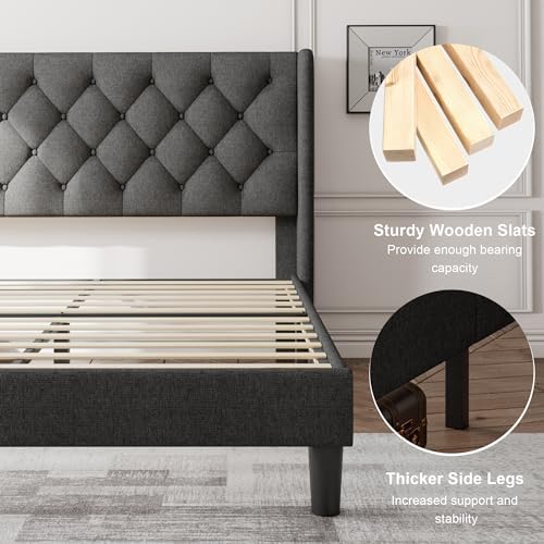 Feonase Full Size Bed Frame with Upholstered Wingback Headboard, Platform Bed...