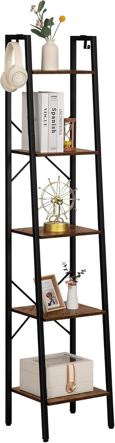 Hzuaneri Ladder Shelf, Bookshelf Bookcase, Freestanding Corner Storage Shelve with 2 Hooks for Home Office, Living Room, Kitchen, Bedroom, Industrial, 11.8" D x 13.4" W x 63" H, Rustic Brown BC03201B