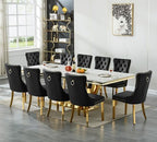 94.5" Large Marble Dining Table Set for 10, Luxury White Gold Kitchen Table with 10 Black Velvet Dining Chairs, Modern Fuax Marble 11-Piece Dining Room Table Set for 10 w/Stainless Steel U-Base