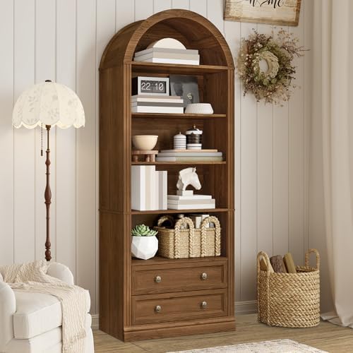 RALGEND Farmhouse Arched Bookshelf, 7 Tiers Arch Bookcase with 2 Spacious Dra...