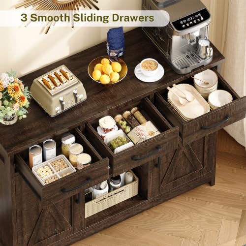 TEENFON Coffee Bar Cabinet with 3 Drawers, Farmhouse Buffet Cabinet