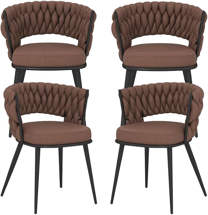 KCC Fabric Dining Chairs Set of 4, Modern Dining Chair with Metal Legs, Woven Upholstered Dining Chairs for Dining Room, Kitchen, Vanity, Living Room (Brown)