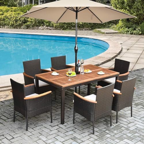 HAPPYGRILL 7-Piece Rattan Patio Dining Set Outdoor Wicker Dining Set with Umb...