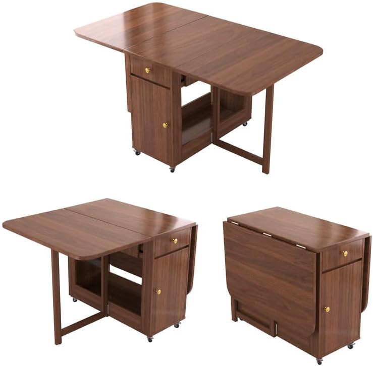 Folding Drop Leaf Dining Room Table 4-6 Seater with Storage and Lockable Whee...