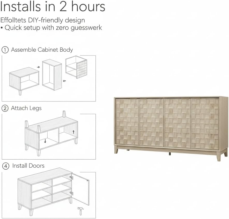 COLAMY 60" Sideboard Buffet Cabinet with Storage, Modern 4-Door Buffet T...