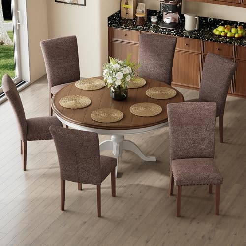COLAMY High Back Upholstered Dining Chairs Set of 6, Brown