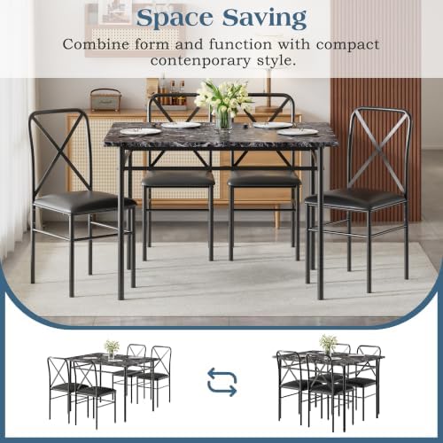 VECELO 5-Piece Dining Table Set for 4 with Upholstered Chairs, Pure Black | F...