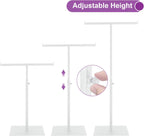 Purse Display Stand T Shaped, Countertop Jewelry/Scarf/Handbag T-Bar Display Stand, Tabletop Double Hook Hanging Stands for Long Necklaces, Metal with Adjustable Height - White