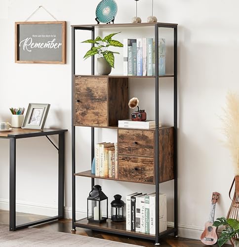 VECELO 5-Tier Bookshelf,Bookcase with Drawers and Cabinet,62"x 31"x...