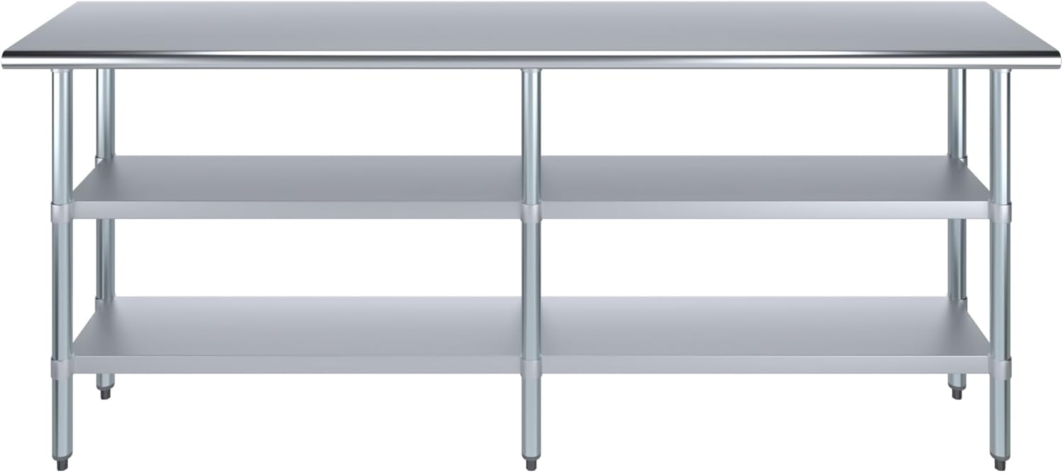 AmGood Stainless Steel Work Table with 2 Shelves | NSF | Metal Utility Table (84" Long x 18" Deep)