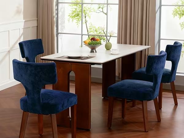 Soft Padded Dining Chairs Set of 4, Modern Farmhouse Upholstered Chairs with Linen Fabric & Rubber Wood Legs, Ergonomic Armless Seats for Dining Room Kitchen Living Room (Blue)