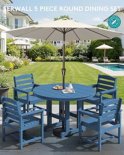 SERWALL 5-Piece Patio Round Dining Set, 45" Table, 4 Chairs, Navy