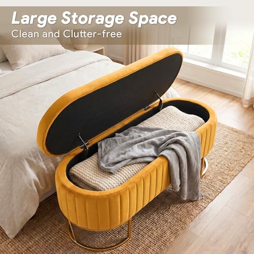 Storage Bench Bedroom Bench, Velvet Oval Upholstered End of Bed Bench with Go...