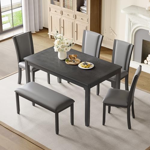 6-Piece Dining Table Set with Bench and Chairs - Solid Wood Kitchen Dining Ro...