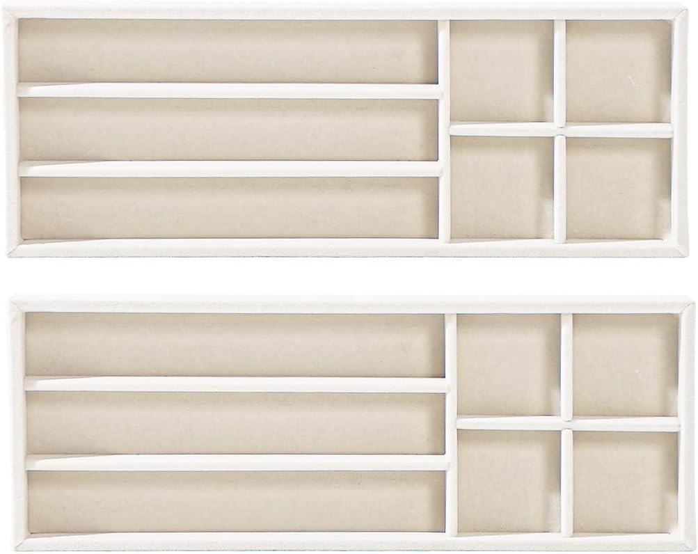 2Pcs Desk Drawer Storage Tray, Nightstand Organizer Tray, Necklace Bracelet Ring Earring Jewelry Display Tray, Grid Table Organizer Holder Tray for Sunglass, Phone, Watch, Perfume (7 grid)/Beige