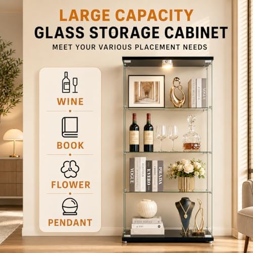Glass Display Cabinet 4-Shelf 2 Doors with LED Push Light Lockable Glass Disp...