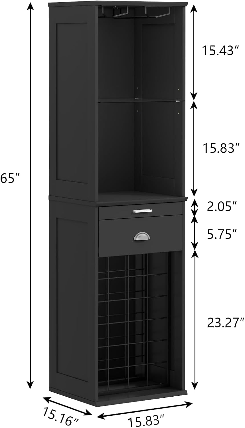Wine Bar Cabinet w/LED Lights, 65'' Tall Coffee Bar w/24 Wine Rack