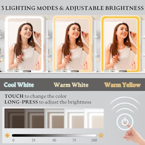 Vanity Desk with LED Lights Mirror & Power Outlet, Small Makeup Vanity Ta...