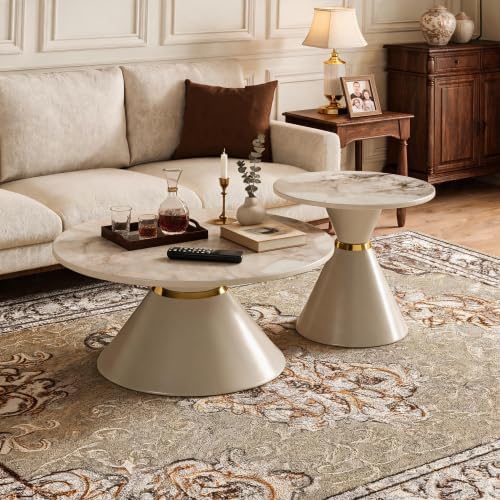 Modern Round Nesting Coffee Tables Set of 2, Marble‑Look Tabletop with Base |...