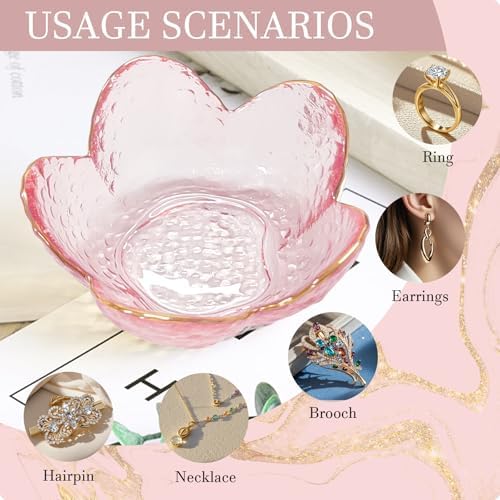 Gifts for Women Pink Flower Ring Dish Glass Jewelry Dish Jewelry Tray Cute Vanity Organizer Room Decor Aesthetic Nightstand Bathroom Decor Trinket Dish Ring Holder Dish Jewellery Tray Valentine's Gift
