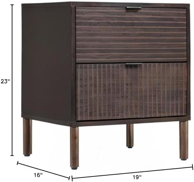 Sango Merk 2-Drawer Nightstand, Modern Walnut Bedside Table with Cylindrical Wood Legs, Vertical & Horizontal Groove Patterns, Discreet Metal Finger Pulls, Smart Storage for Office or Living Room